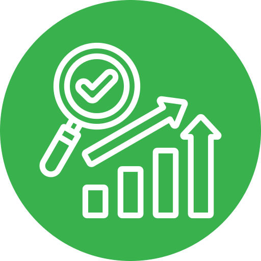 Magnifying glass with checkmark over rising bar graph.