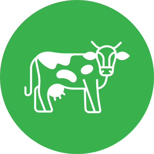 White icon of a dairy cow on a green circle.