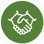 Handshake icon in a green circle symbolizing partnership.