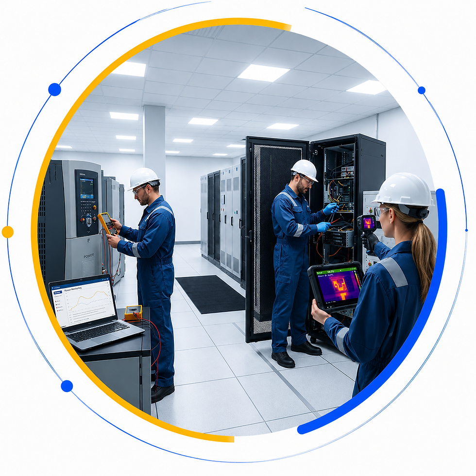 Circular graphic showing engineers maintaining server racks for solar installation services in Chennai.