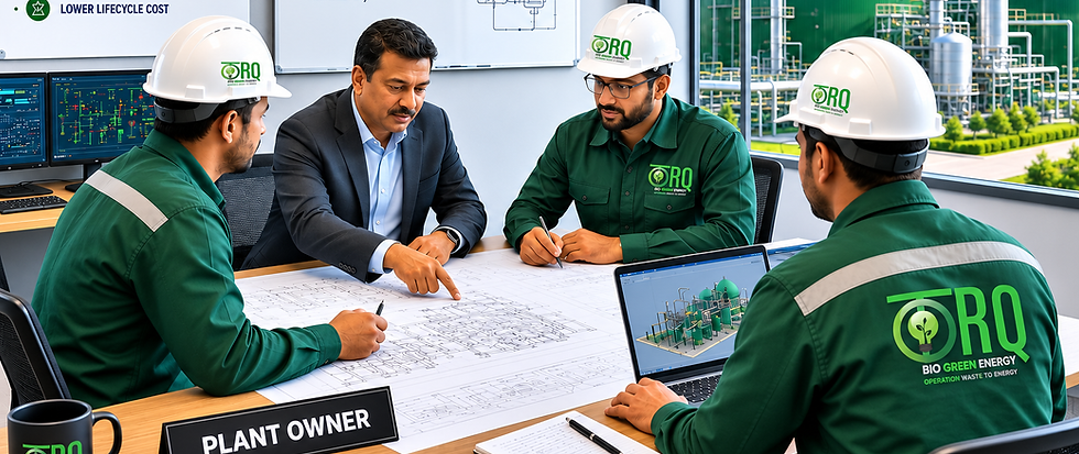 Engineers in hard hats reviewing plant blueprints together