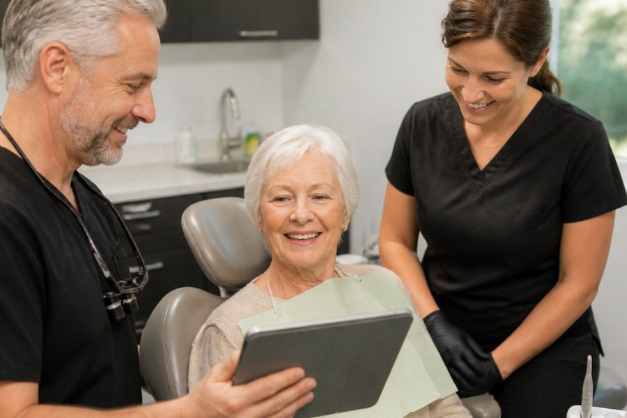 A senior patient in a dental chair smiling comfortably while a dentist and assistant review a treatment plan on a tablet in a bright, modern dental office