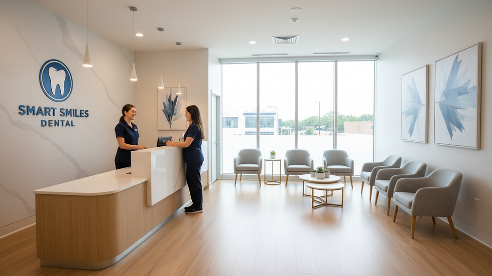 Eye-level view of dental clinic reception area with comfortable seating