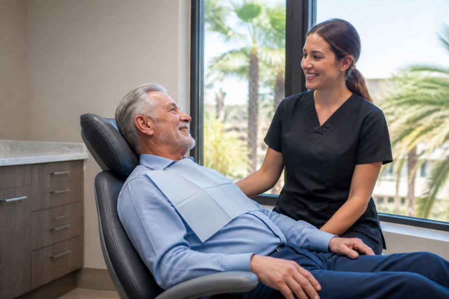 Senior patient resting comfortably in recovery chair in modern dental office with dental team member nearby, soft natural lighting from windows