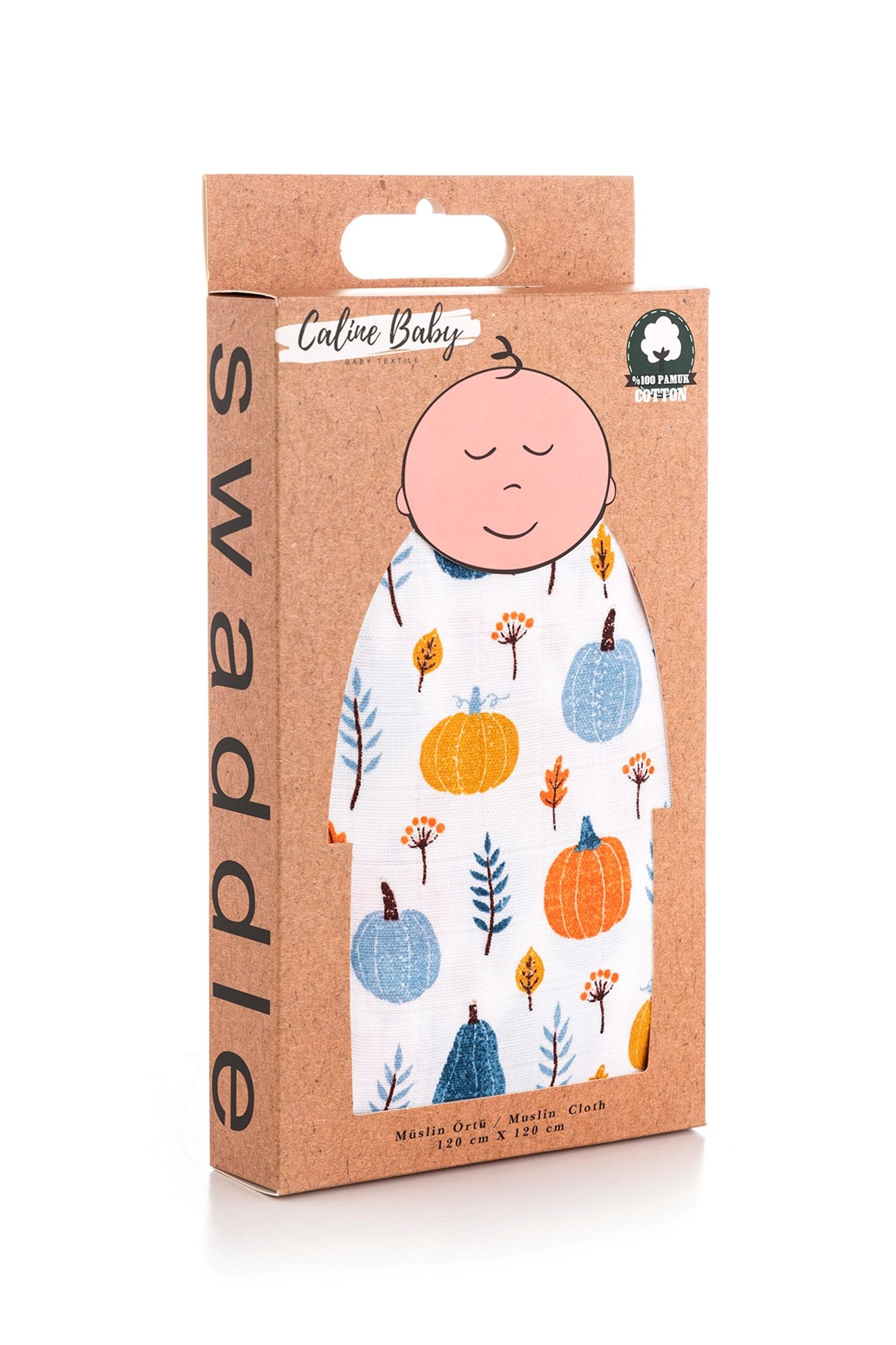 Caline Baby Pumpkin Blue pattern  Muslin Swaddle Set Box front.