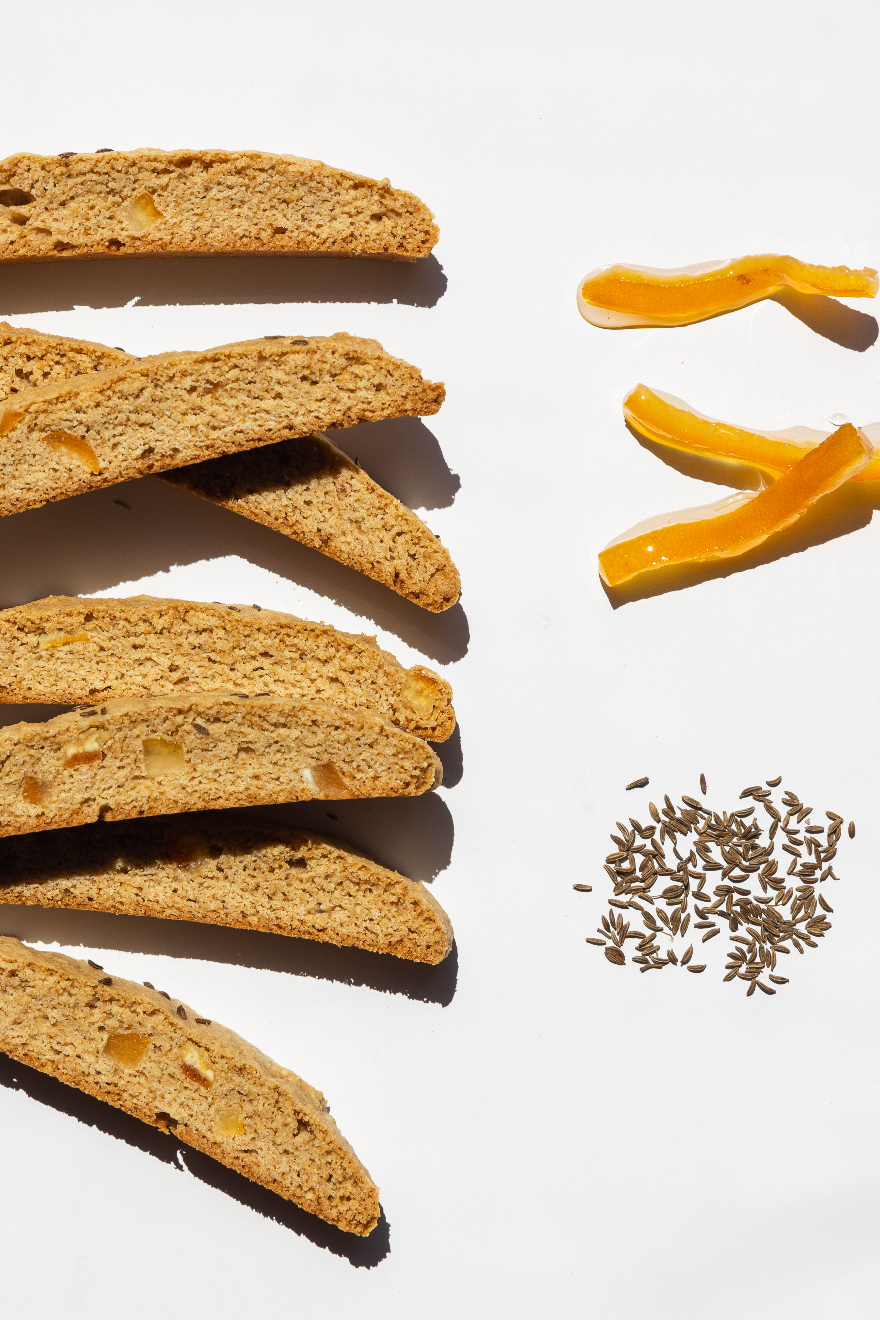 Orange marmalade caraway rye biscotti cookies with candied orange peel and caraway seeds