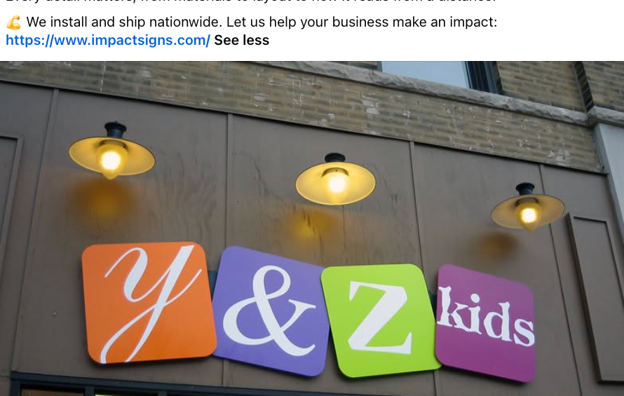A social media post from Impact Signs displaying an outdoor commercial sign for "y & z kids" mounted on a storefront. The sign consists of four individual, brightly colored panels in orange, purple, green, and magenta with white text, lit by three overhead goose-neck light fixtures.