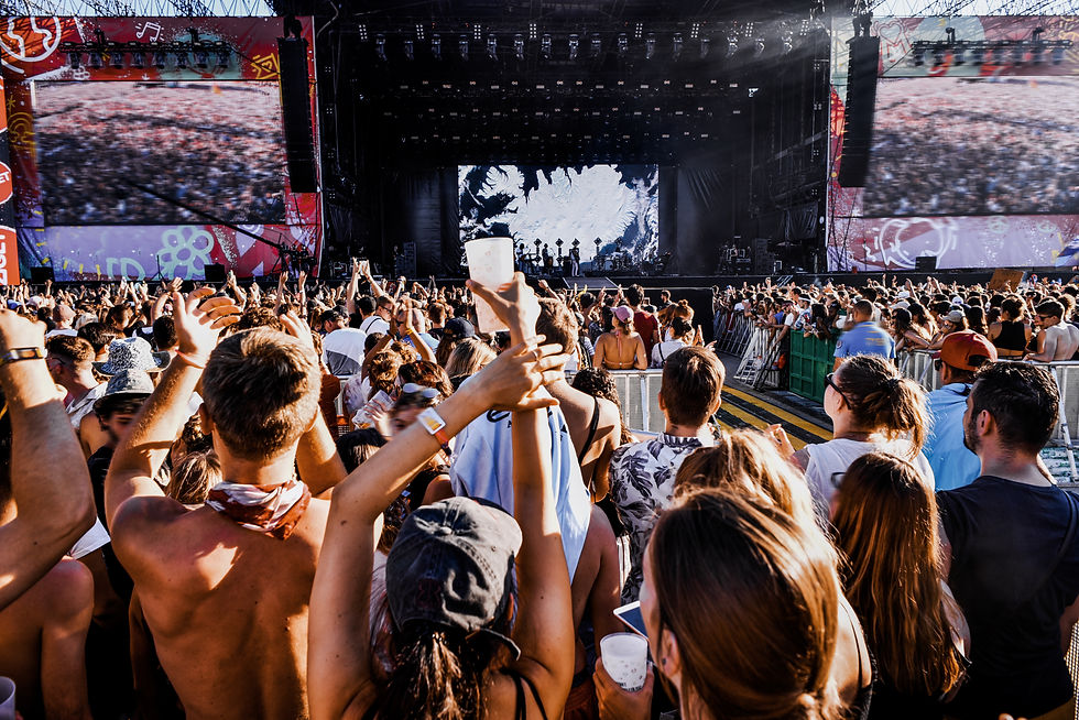 A crowd of people with their backs to the camera, facing a large music stage. Many have their hands raised