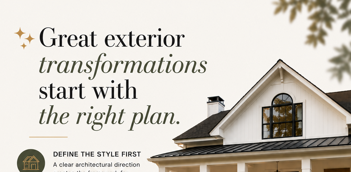 An informational marketing graphic for brick&batten titled "Great exterior transformations start with the right plan." It features a multi-step design guide layout next to a photo of a white modern farmhouse with a beautifully landscaped stone walkway.