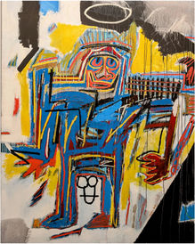Basquiat's iconic blue figure with crown against yellow and black background.