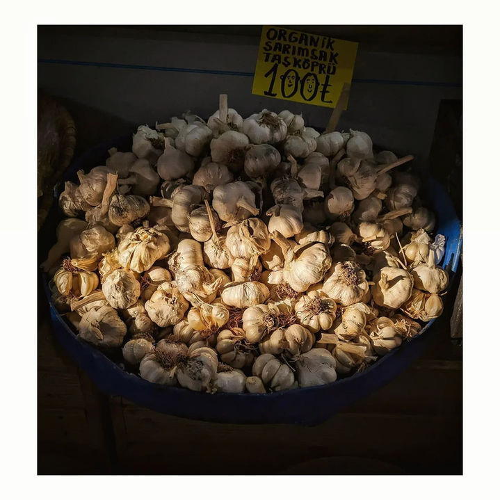 Large blue bowl overflowing with garlic bulbs, yellow '100 TL' price tag.
