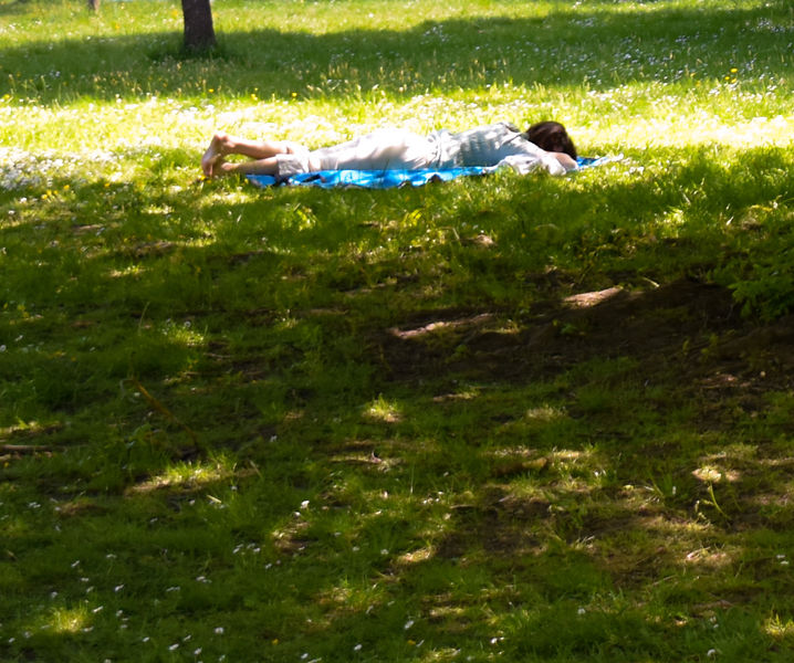 Person relaxing on a blue mat in dappled grass shade.