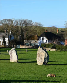 Ancient standing stones in a green field with distant village houses.
