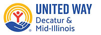 Logo of the United Way of Decatur and Mid Illinois with a hand cradling a human figure, surrounded by a rainbow arc. The word