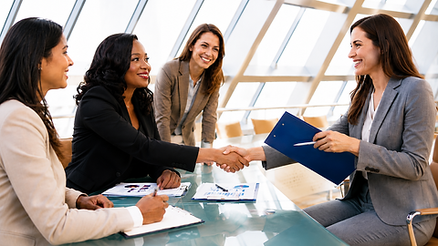 Business consulting professionals shaking hands in an office.