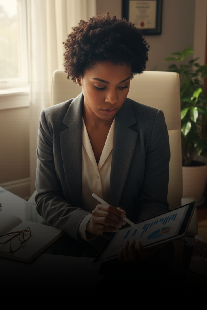 Businesswoman reviewing data on a tablet while wearing a grey suit and accessories.