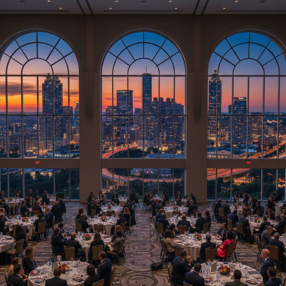 Event in a room with city skyline view at sunset with many people.