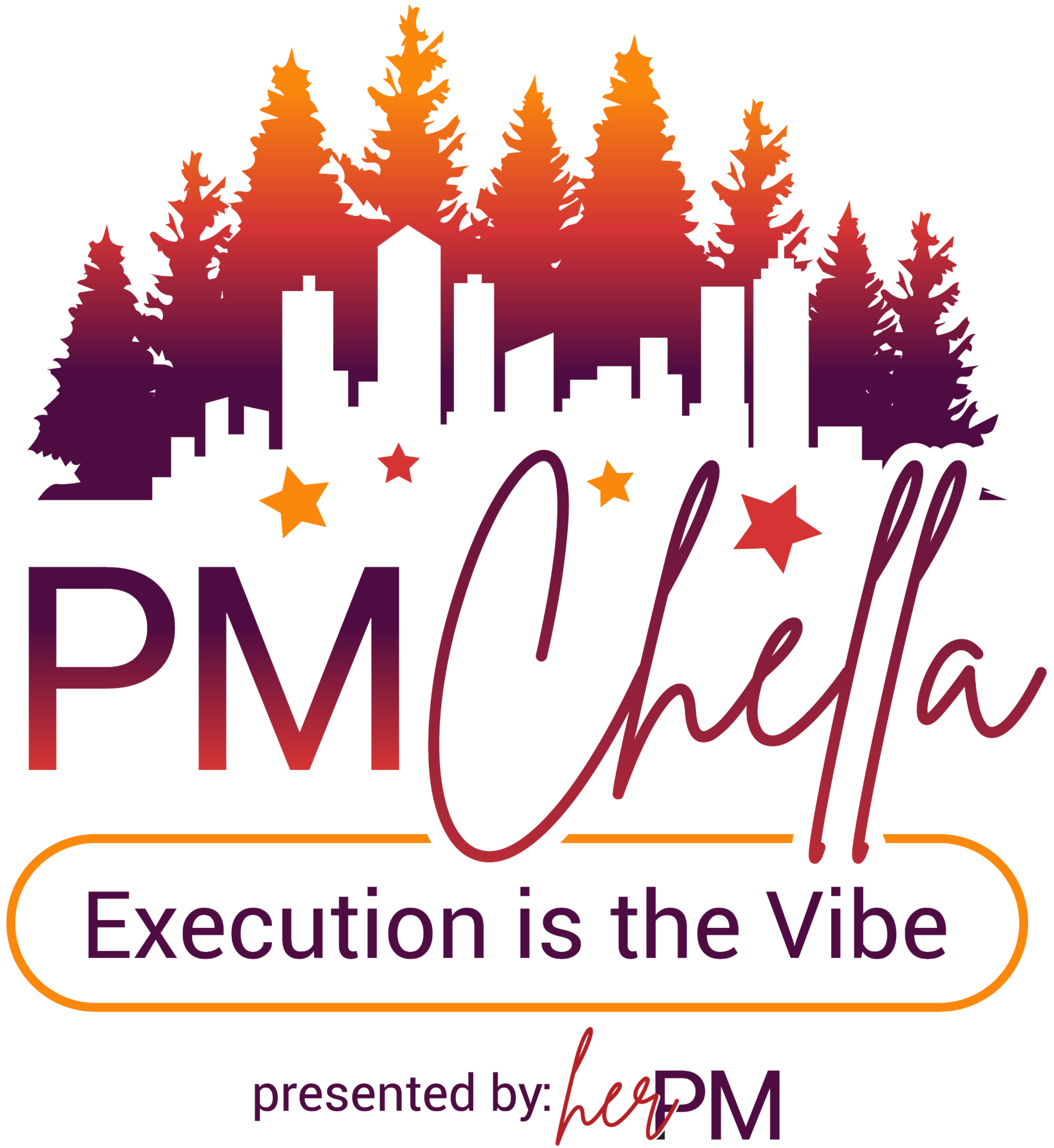 PM Life logo with text and trees, sunset background, PMChella event.