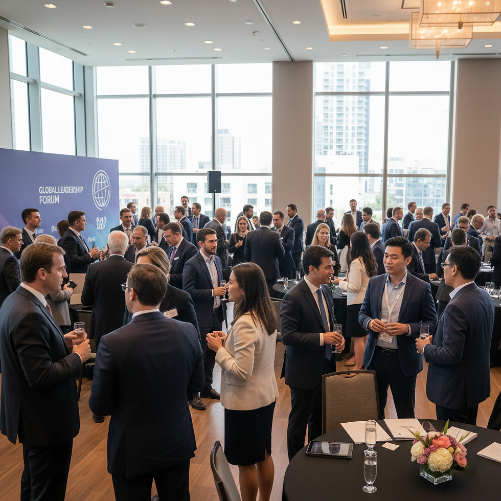 Group of business people socializing during Global Leadership Forum event.