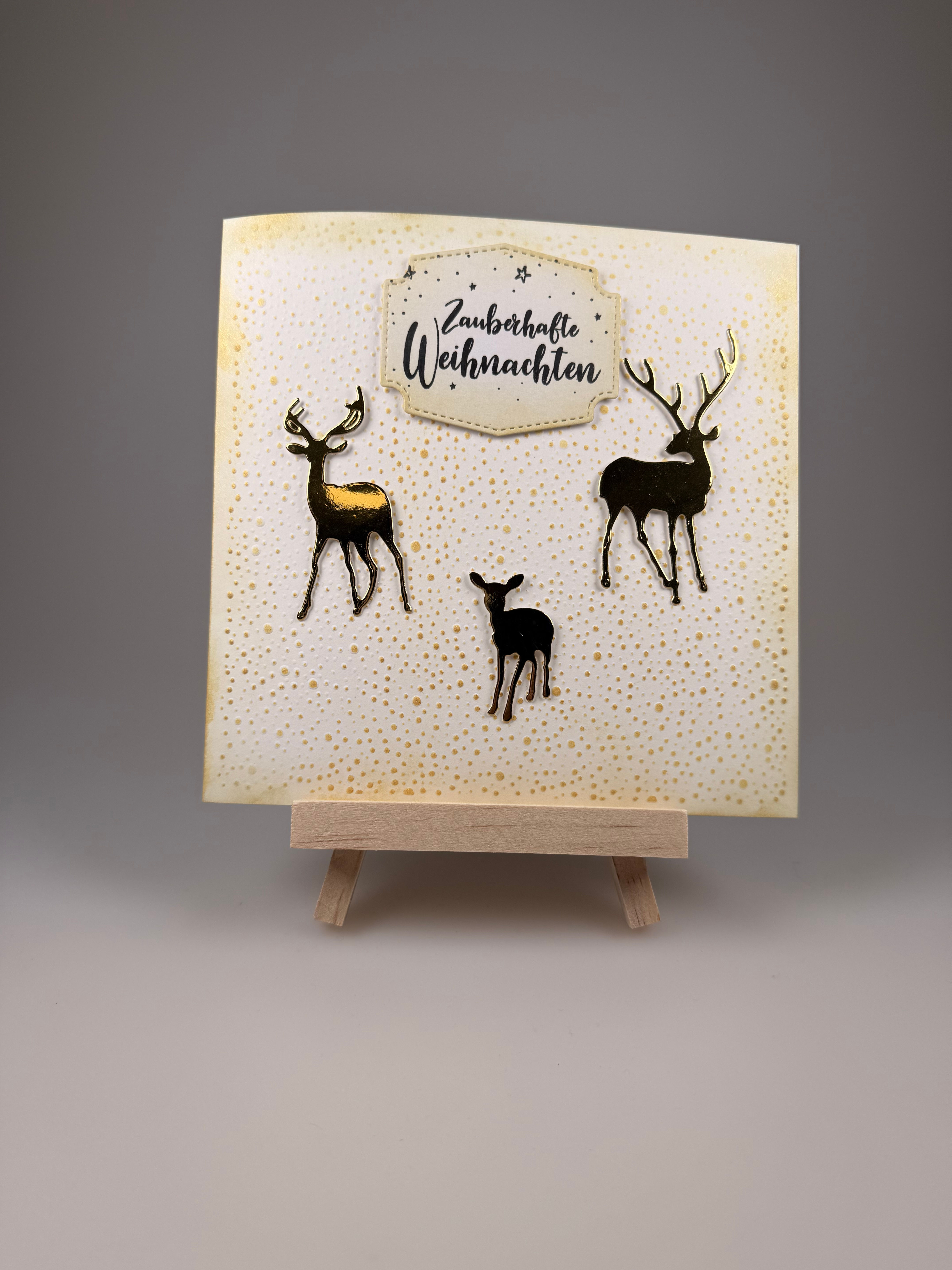 Weihnachtskarte weiss, Rehfamilie und mit gold verblendet– mit Couvert