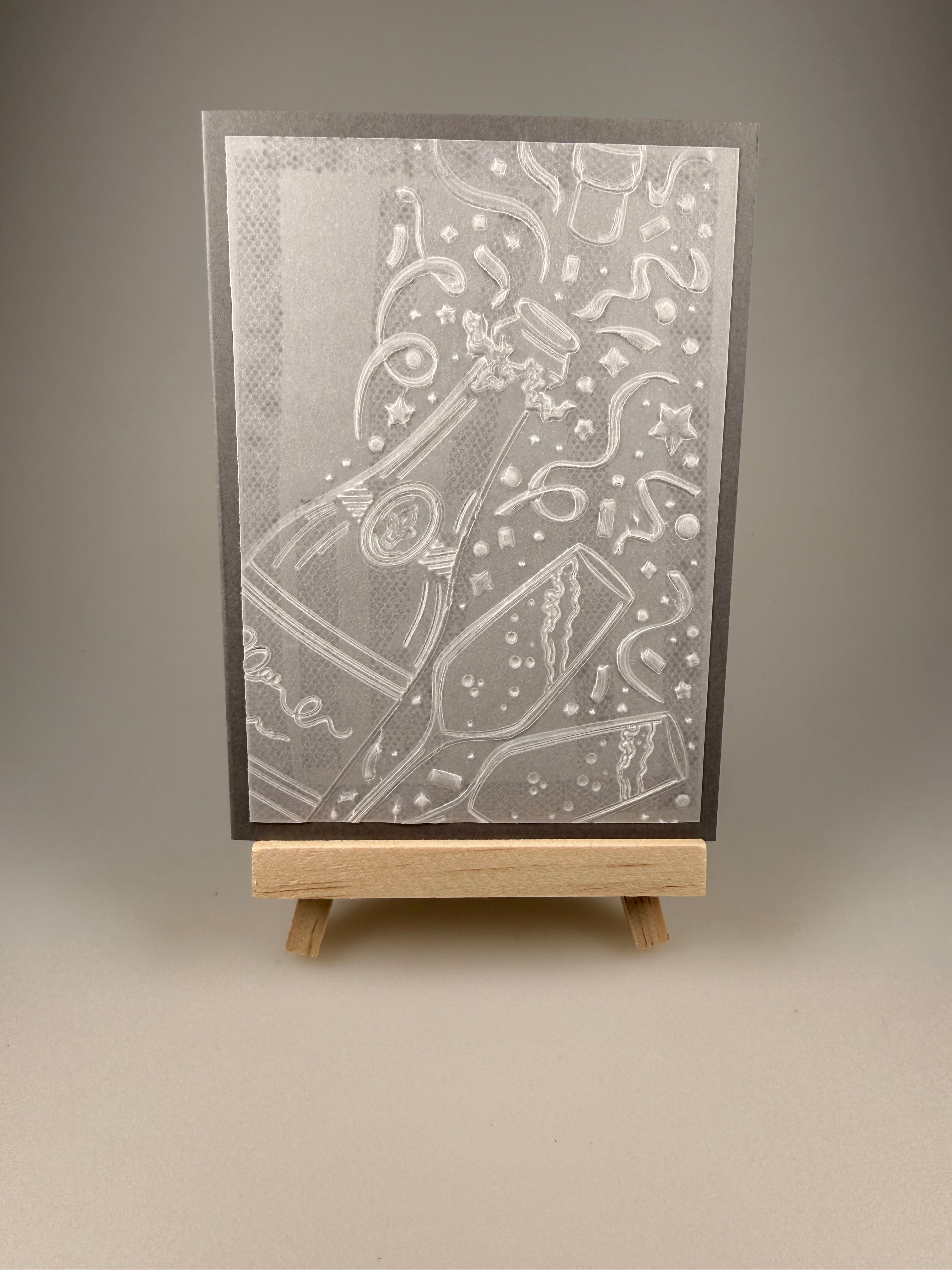 Geburtstagskarte dunkelgrau, transparent Papier, Prosecco– mit Couvert