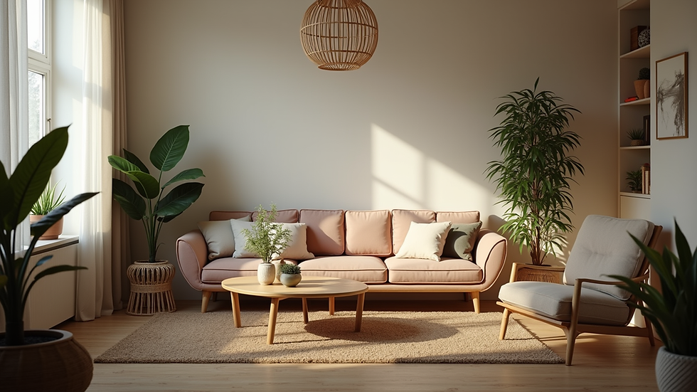 Eye-level view of a cozy living room with plants and soft lighting