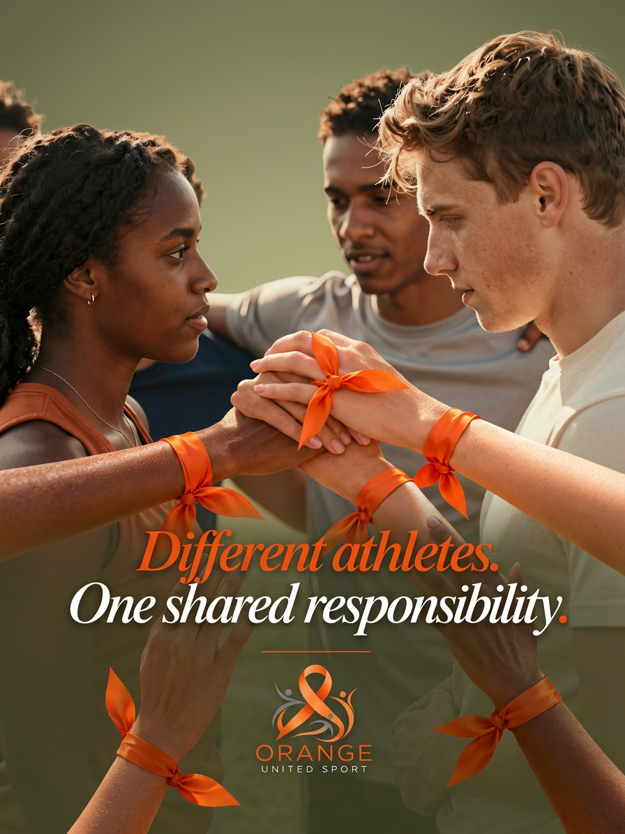 Posed photography of diverse athletes with linked hands and orange ribbons, symbolizing unity and a shared responsibility.