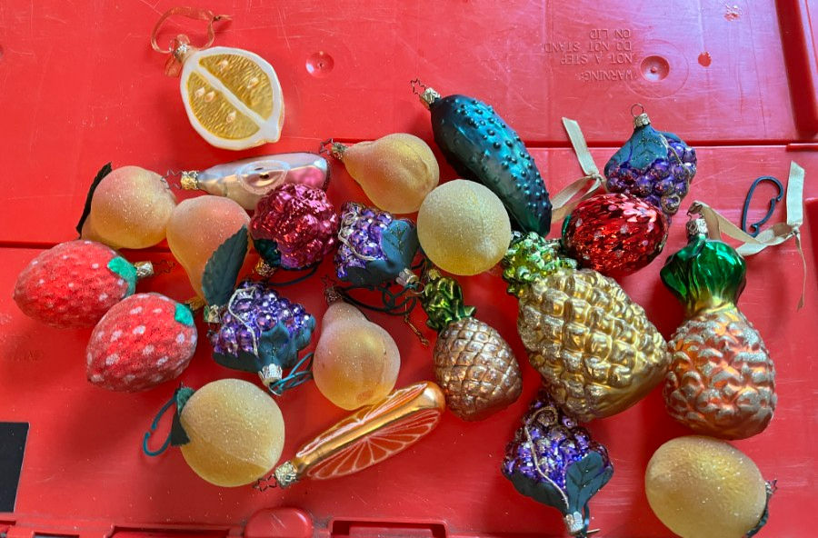 Thumbnail: Large Lot of Blown Glass Ornaments   1 Pickle, 21 Fruit