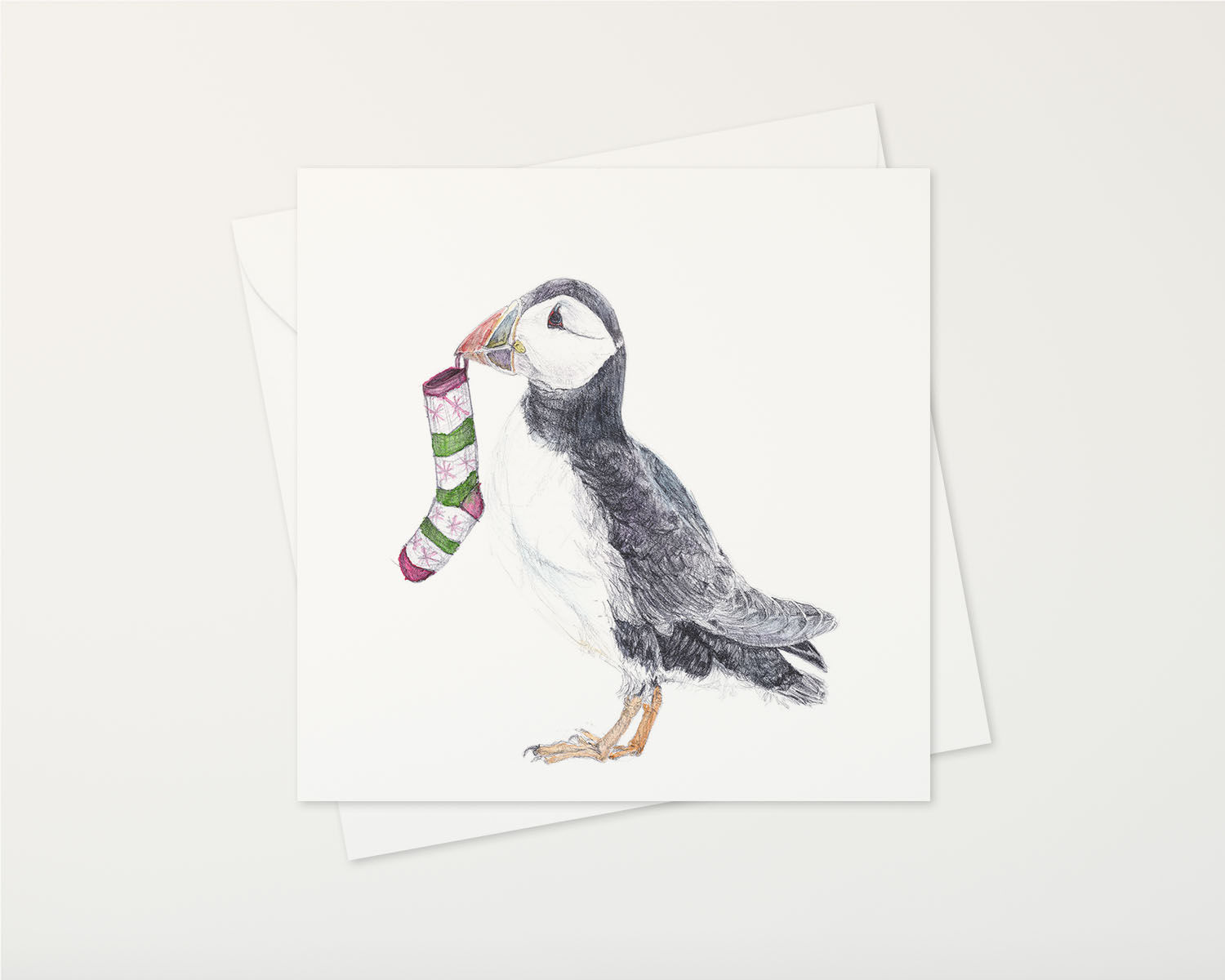 puffin and stocking Christmas card
