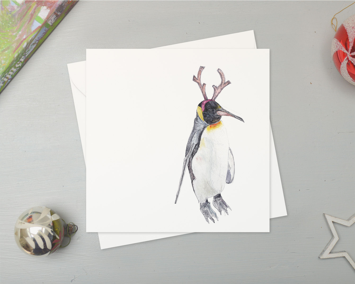penguin and antlers Christmas card