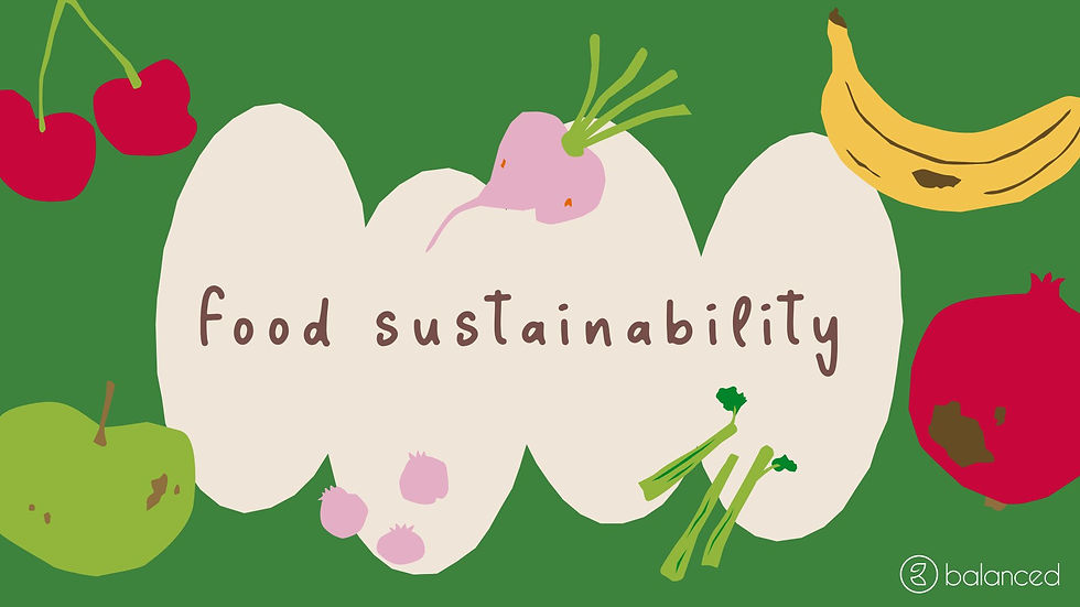 Illustration of fruits and veggies around "food sustainability" text on green background: cherries, apple, radish, bananas, green onions, pomegranate.