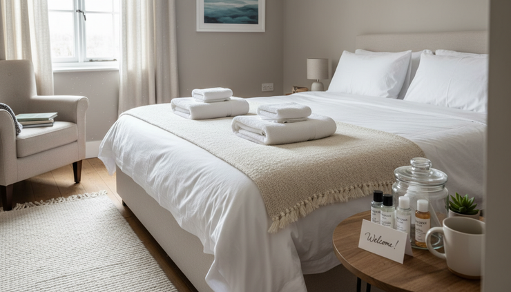 Eye-level view of fresh towels and toiletries arranged on a bed in a holiday rental bedroom.