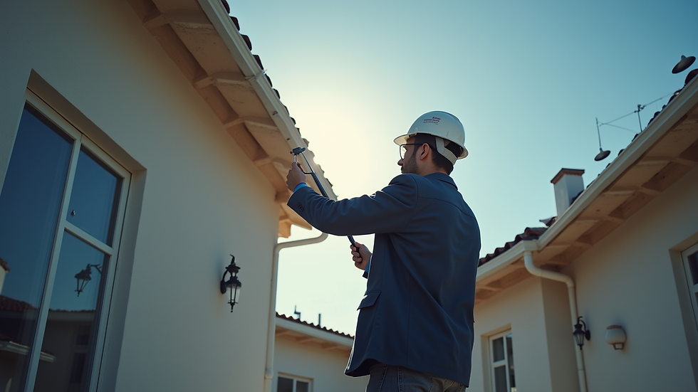 Eye-level view of a building inspector examining a roof structure