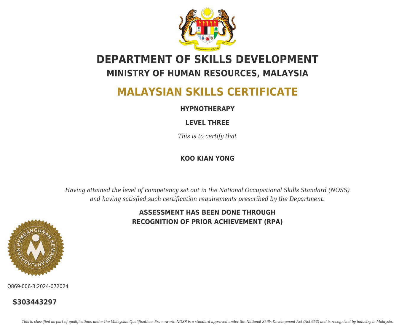 Dr Hiro Koo SKM Level 3 Hypnotherapy certificate (Malaysia), ID number hidden