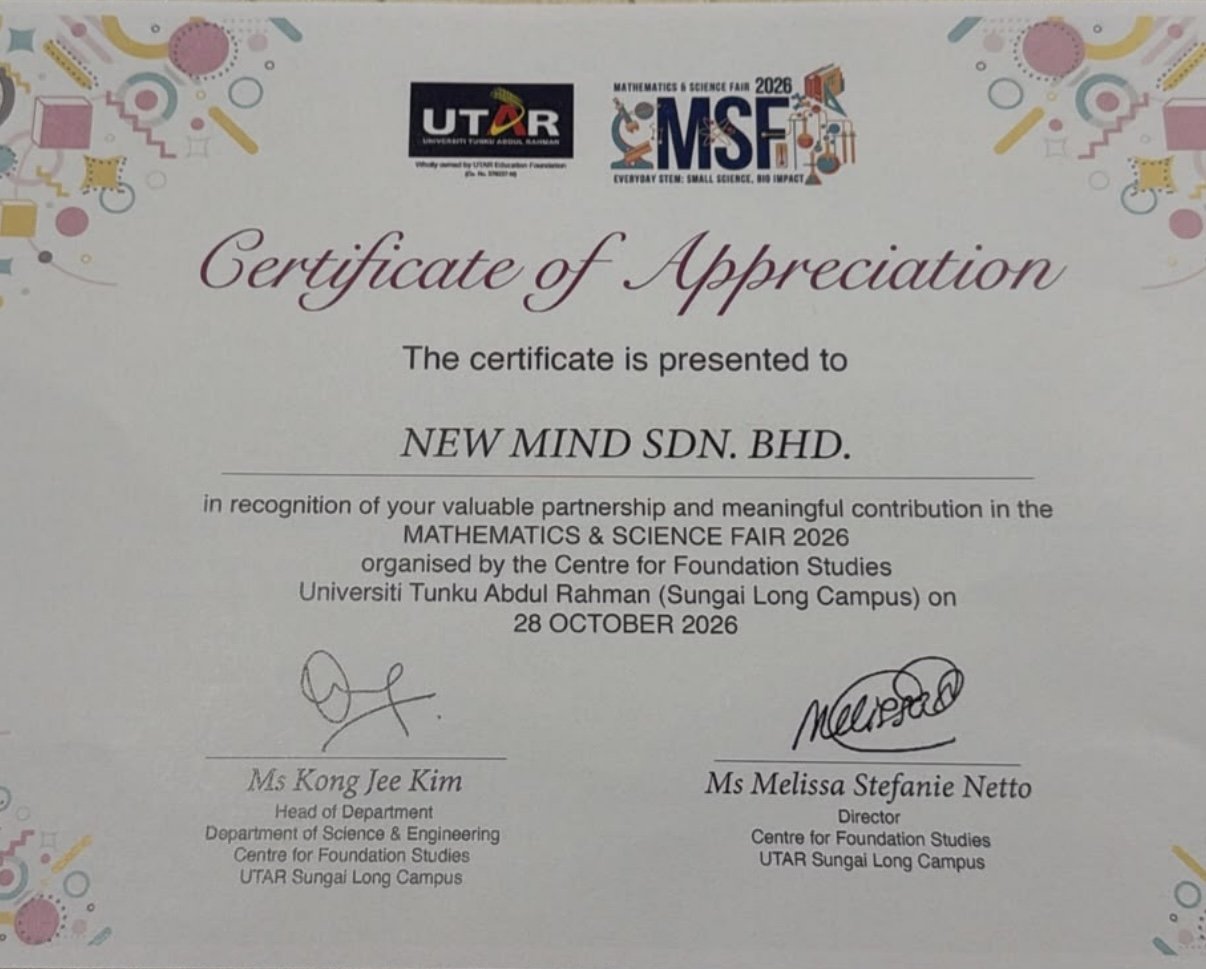 Certificate of Appreciation presented to New Mind Sdn. Bhd. by the Centre for Foundation Studies, UTAR Sungai Long Campus, for the Mathematics & Science Fair 2026 on 28 October 2026.