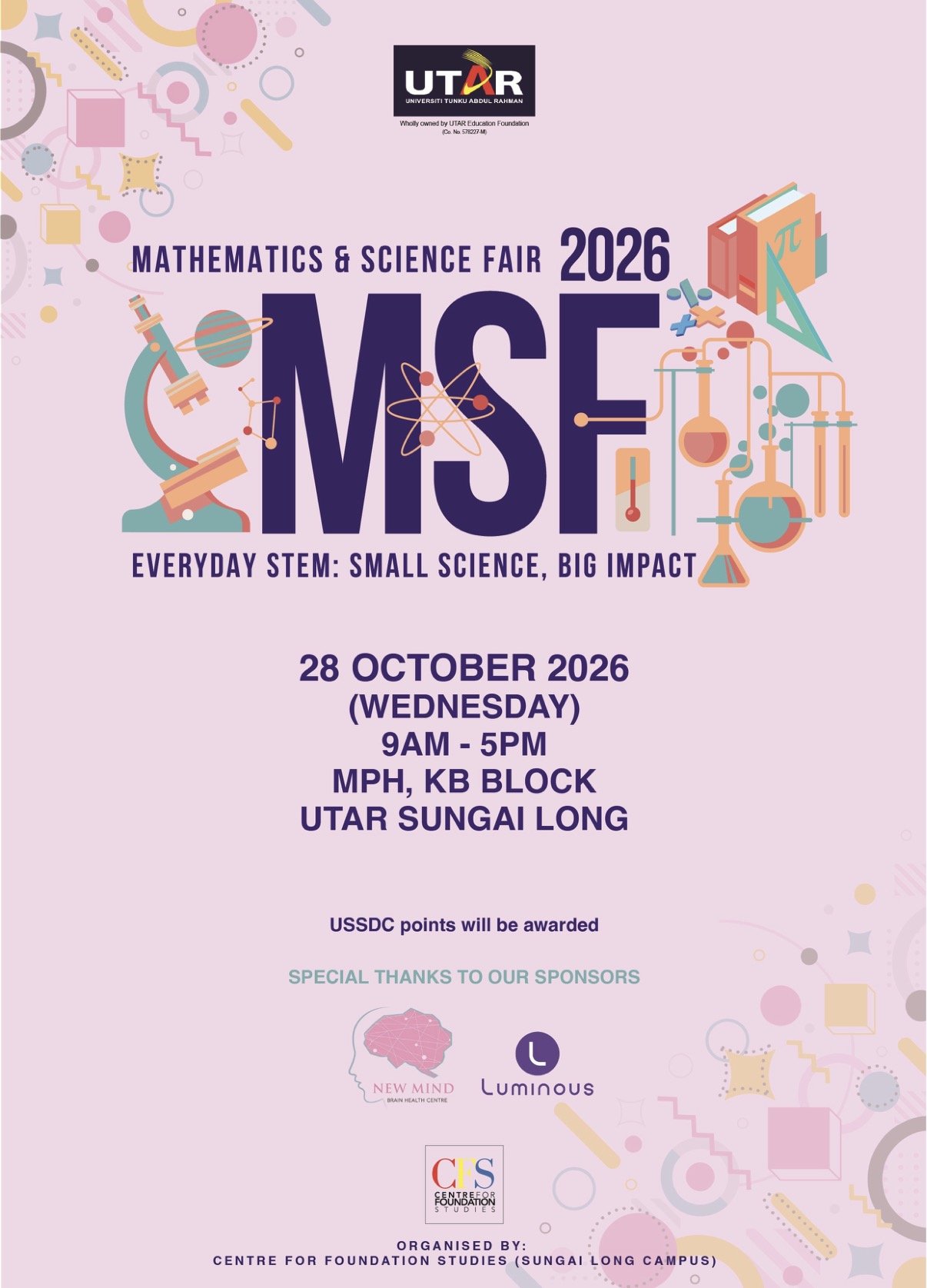 Official poster of the UTAR Mathematics & Science Fair 2026, 28 October 2026 at MPH, KB Block, UTAR Sungai Long, listing New Mind Brain Health Centre among the sponsors.