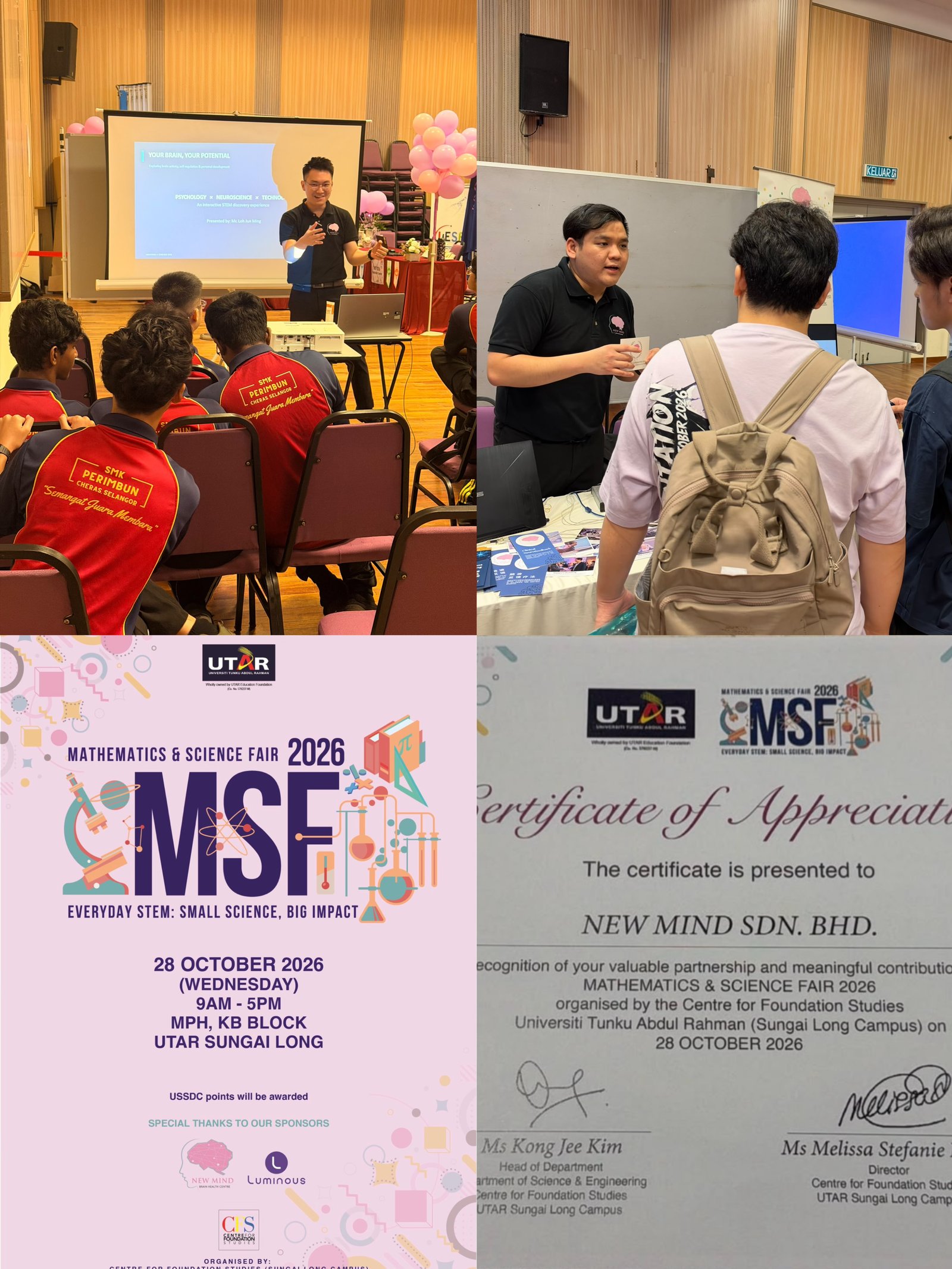 New Mind practitioners giving a brain science talk to secondary school students and speaking with visitors at the New Mind booth, UTAR Mathematics & Science Fair 2026.