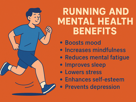 ランニングによるメンタルヘルスへの7つの効果を説明したポップなインフォグラフィック。オレンジ背景に笑顔で走る男性と、「Boosts mood」「Improves sleep」などの効果を示すリスト付き。