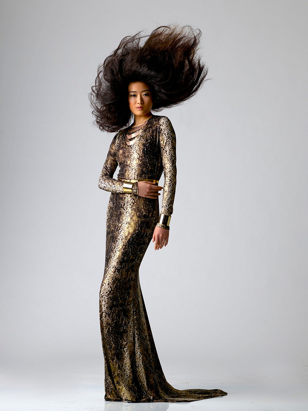 Thumbnail: gold metallic python print gown