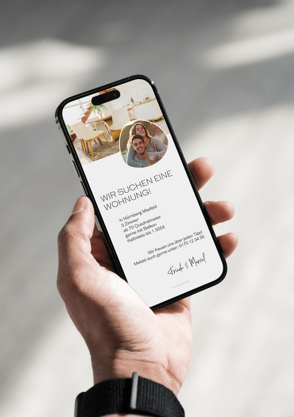 Miniaturbild: Canva-Vorlage für dein Wohngesuch mit Foto. Für Singles, Paare & Familien