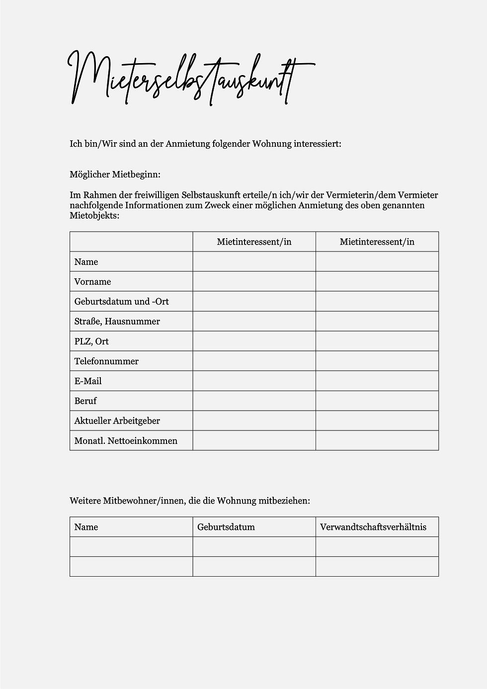 Miniaturbild: Modern-klassische Vorlagen für Wohnungsbewerbungen für Singles und Paare.