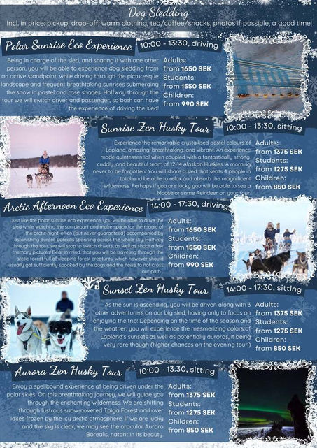 An variation of the example of the flyer I created for the tourist office presenting all our dog sledding tours and other activities.