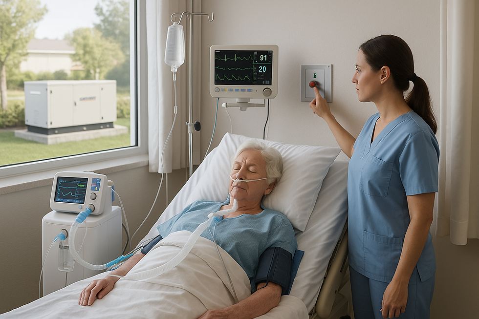 Hospital bed and equipment with generator in background