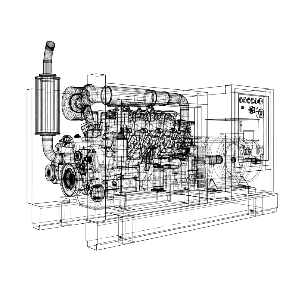 Wire frame drawing of a diesel generator, no enclosure skid mount