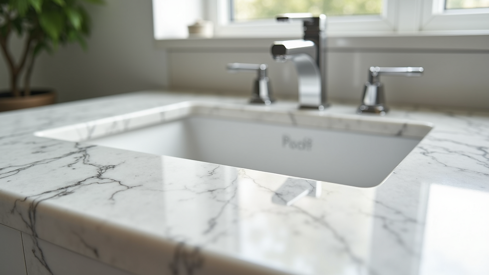Eye-level view of marble bathroom countertop with elegant veining