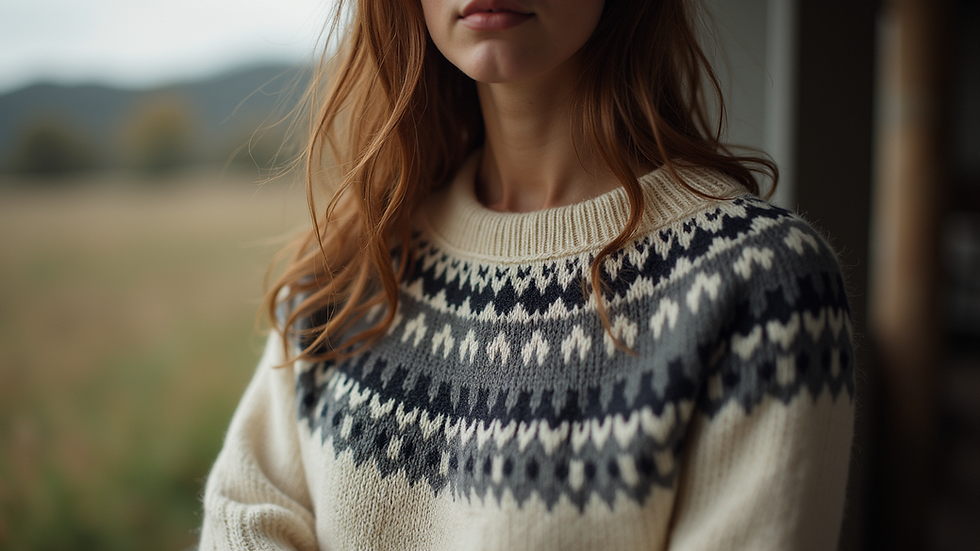Eye-level view of a classic cardigan featuring a Fair Isle design
