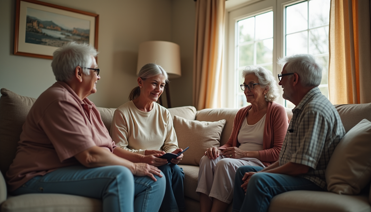 Eye-level view of a small group of caregivers sharing stories in a cozy living room