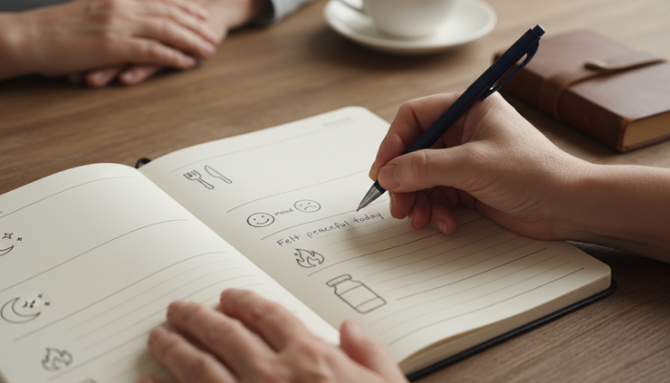 Close-up view of a paper health journal with simple icons and handwritten notes.
