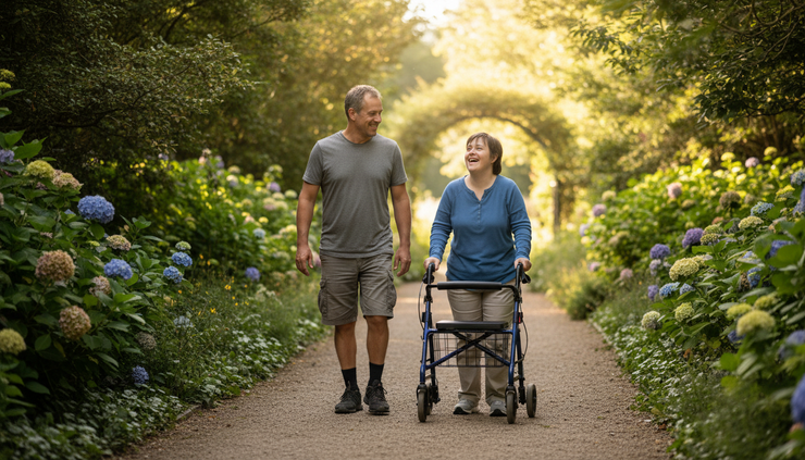 Wide-angle view of a support worker and client walking slowly in a quiet garden path.