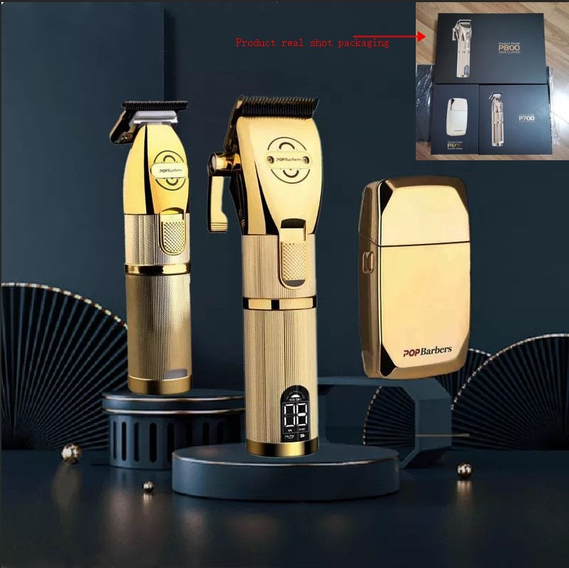 Thumbnail: Pop Barbers Hair Trimmer Clippers Black Gold Set Professional Electric Shaver 